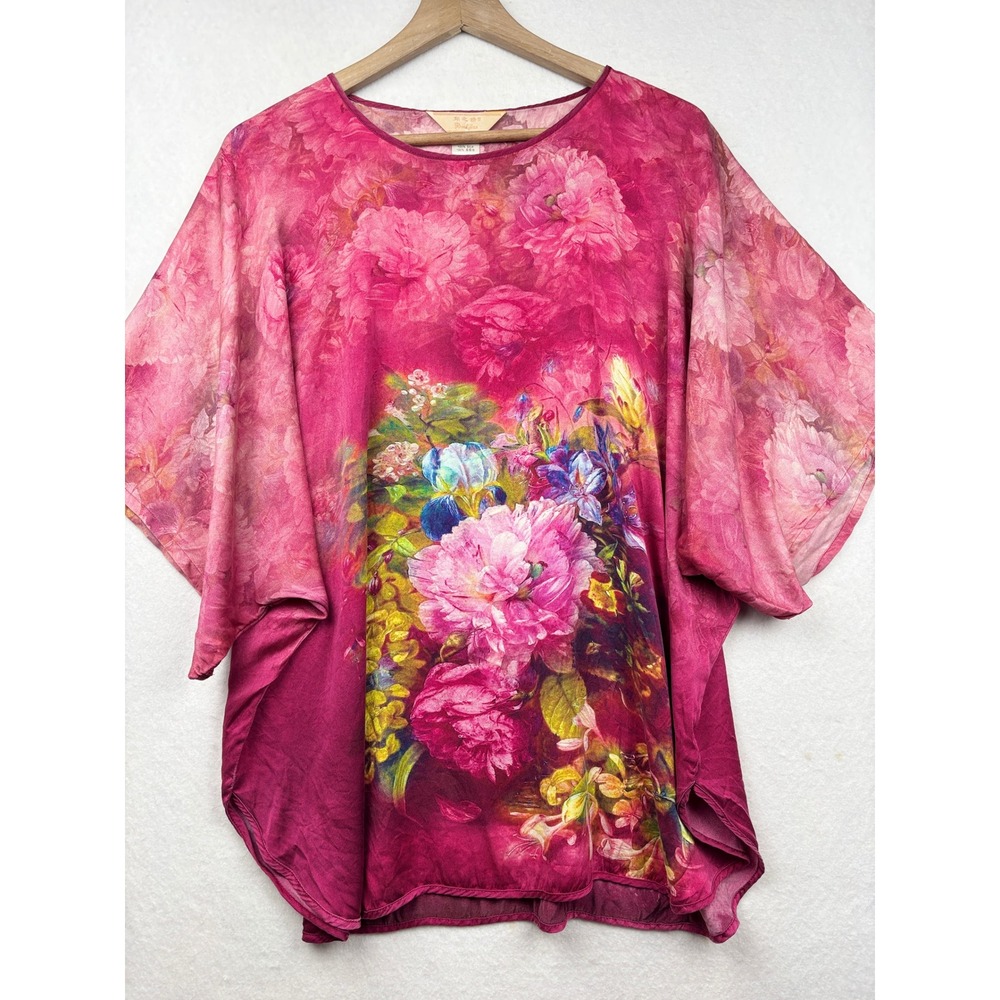Bozhijiao Silk Kaftan Top Womens One Size Floral Print Oversized Artwear